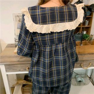Đồ bộ mặc nhà pijama tdqd bánh bèo carô cổ bèo thô quảng châu