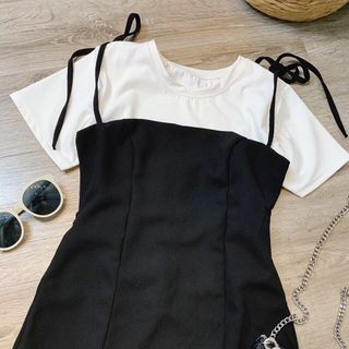 Set váy yếm đen cột vai pull trơn trắng basic