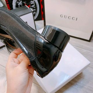 Cao gót ren nơ gót da bóng 3p đen