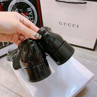 Cao gót ren nơ gót da bóng 3p đen