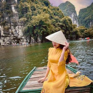 Sét áo dài vàng in hoa mấn hoa