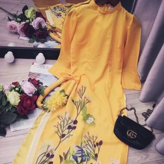 Sét áo dài vàng in hoa mấn hoa