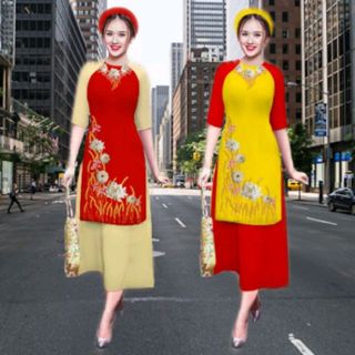 Áo dài cách tân họa tiết chim công áo kèm quần