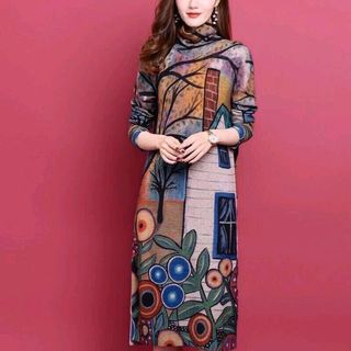 đầm len suông họa tiết hoa văn