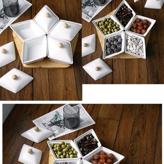 Quà tết - khay mứt sứ đế gỗ tre in logo