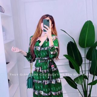 đầm xòe sơ mi in họa tiết cột nơ eo