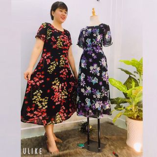 Đầm Hoa Đỏ Vintage Thiết Kế Big Size Dự Tiệc Sang Trọng
