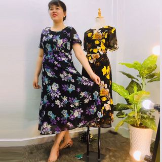 Đầm Hoa Tím Vintage Thiết Kế Big Size Dự Tiệc Sang Trọng