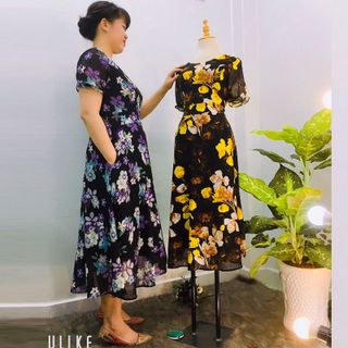 Đầm Hoa Tím Vintage Thiết Kế Big Size Dự Tiệc Sang Trọng