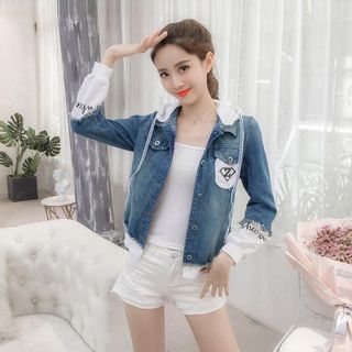 Áo Khoác Jean Phối Nón Trắng Ráp Tay Cá Tính