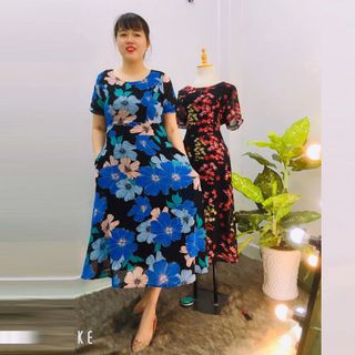 Đầm Hoa Xanh Vintage Thiết Kế Big Size Dự Tiệc Sang Trọng