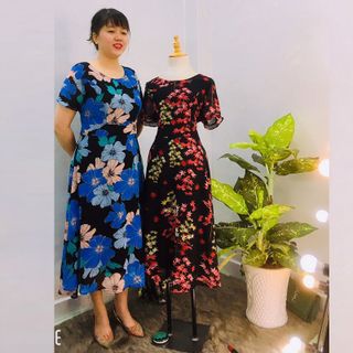 Đầm Hoa Xanh Vintage Thiết Kế Big Size Dự Tiệc Sang Trọng