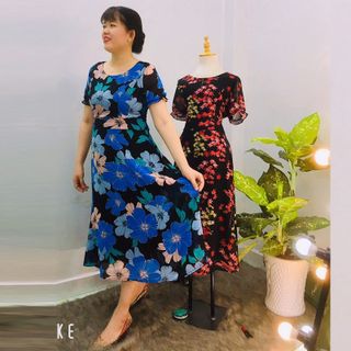Đầm Hoa Xanh Vintage Thiết Kế Big Size Dự Tiệc Sang Trọng