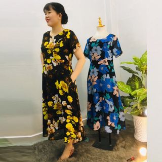Đầm Hoa Vàng Vintage Thiết Kế Big Size Dự Tiệc Sang Trọng