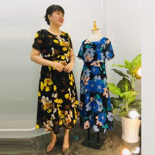 Đầm Hoa Vàng Vintage Thiết Kế Big Size Dự Tiệc Sang Trọng