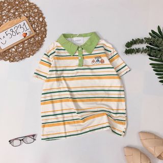 Áo thun cổ bẻ kẻ sọc hình cute