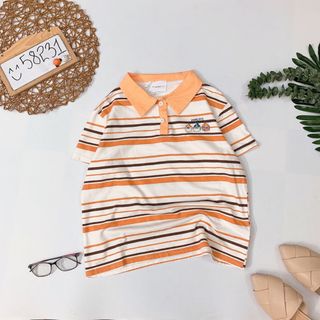 Áo thun cổ bẻ kẻ sọc hình cute