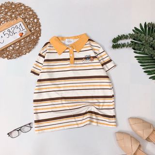 Áo thun cổ bẻ kẻ sọc hình cute