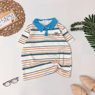 Áo thun cổ bẻ kẻ sọc hình cute