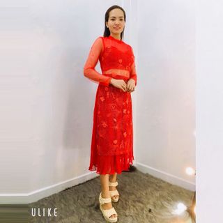 Áo Dài Cách Tân Ren Phối Váy Dập Ly
