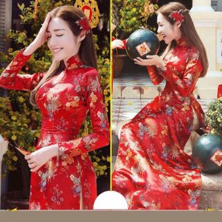 set áo dài gấm co dãn nhẹ