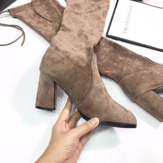 Boots đùi da lộn mũi nhọn buộc dây 2 màu