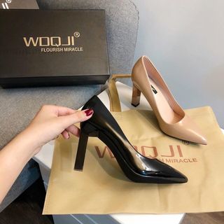 Cao gót da bóng mũi nhọn đúp đế nude- đen