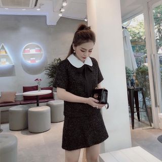 Set váy quần áo cổ peter trắng kèm nơ