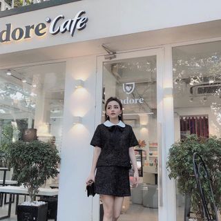 Set váy quần áo cổ peter trắng kèm nơ