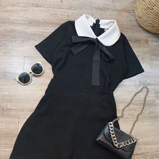 Set váy quần áo cổ peter trắng kèm nơ