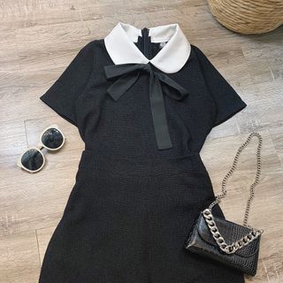 Set váy quần áo cổ peter trắng kèm nơ