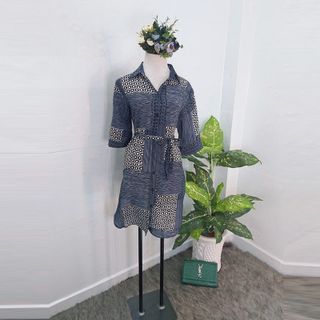 Đầm Sơ Mi Xanh Dương Thổ Cẩm Cột Eo Big Size