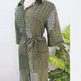 Đầm Sơ Mi Xanh Lá Thổ Cẩm Cột Eo Big Size