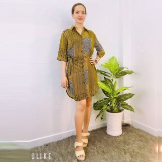 Đầm Sơ Mi Vàng Thổ Cẩm Cột Eo Big Size