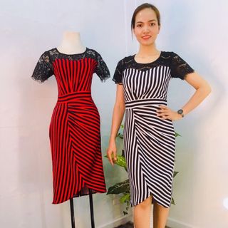 Đầm Sọc Phối Ren 2 Màu