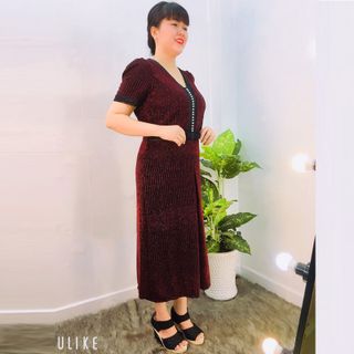 Đầm Dự Tiệc Đỏ Thun 2 Da Kim Tuyến Cao Cấp Kết Ngọc Trai Rũ From Dài