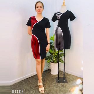 Đầm Thun Lụa Sọc Đỏ  Ôm Body Đắp Kiểu Thanh Lịch