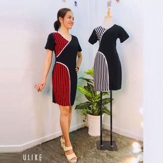 Đầm Thun Lụa Sọc Đỏ  Ôm Body Đắp Kiểu Thanh Lịch