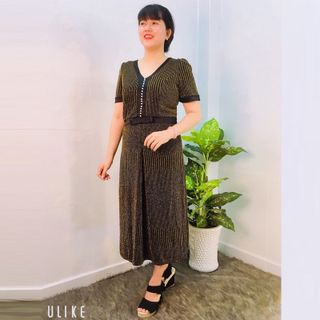 Đầm Dự Tiệc Vàng Thun 2 Da Kim Tuyến Cao Cấp Kết Ngọc Trai Rũ From Dài