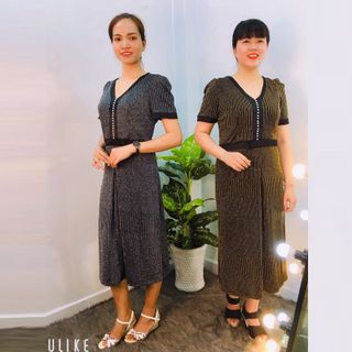 Đầm Dự Tiệc Vàng Thun 2 Da Kim Tuyến Cao Cấp Kết Ngọc Trai Rũ From Dài