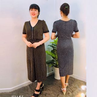 Đầm Dự Tiệc Vàng Thun 2 Da Kim Tuyến Cao Cấp Kết Ngọc Trai Rũ From Dài