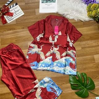 đồ bộ lụa satin in chim 3d