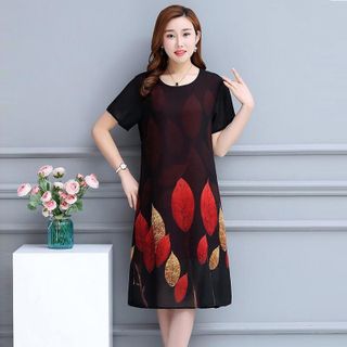 Đầm Oversize In Hình 3D Nhiều Lá Đỏ Silk Lụa
