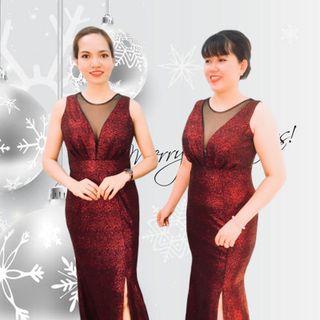 Đầm Dự Tiệc Xếp Ly Chân Ngực Phối Lưới Xẻ Tà