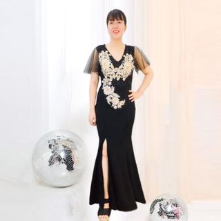 Đầm Dư Tiệc Thêu Hoa 3D Phối Tay Cánh Tiên Lưới Ánh Kim