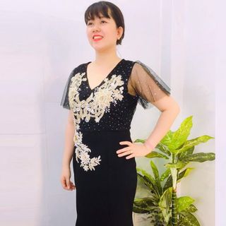 Đầm Dư Tiệc Thêu Hoa 3D Phối Tay Cánh Tiên Lưới Ánh Kim