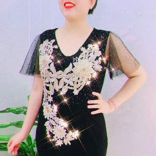 Đầm Dư Tiệc Thêu Hoa 3D Phối Tay Cánh Tiên Lưới Ánh Kim