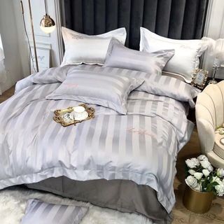 Bộ chăn ga gối lụa tencel 60s kẻ sọc 3 phân