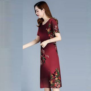 Đầm Oversize In Hình 3D Hoa Đỏ Silk Lụa