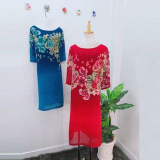 Đầm Oversize In Hình 3D Hoa Xanh Họa Tiết Silk Lụa